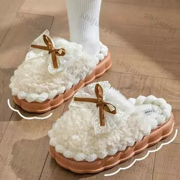 Женская мода зимние тапочки с теплыми бантами из хлопка, толстые мягкие подошвы, женские домашние туфли с толстой подошвой и нескользящей плюшевой отделкой 36-37 белый