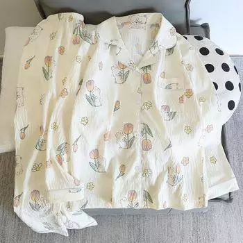 Women Faux Cotton Soft Pajamas Sleepwear Autumn Pajama Set Print Flower with Rabbits Comfortable Casual Cute 2 Pieces Home Suit XXL