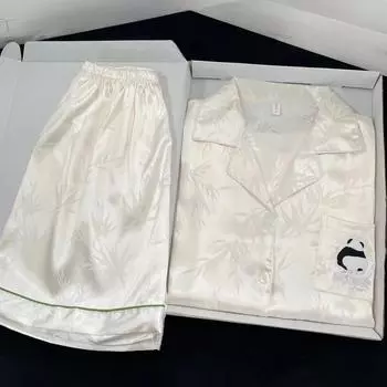 Женские пижамные комплекты из искусственного шелка, летняя новая одежда для сна с вышивкой в виде панды, симпатичные женские ночные рубашки, костюм, топ, шорты, ночная рубашка, домашняя одежда M