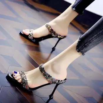 Women Fetish 9cm High Heels Crystal Sandals Lady Silk Wedding Bridal Heels Rhinestone Glitter Luxury Stripper Satin Strap Shoes 34 бежевый