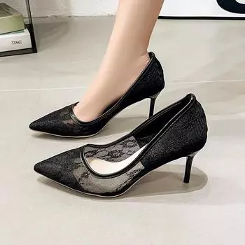 Women Fetish Sexy 9cm High Heels Mesh Sandals Pumps Lady Lace Breathable Scarpins Footwear Office Party Stripper Summer Shoes 40 бежевый