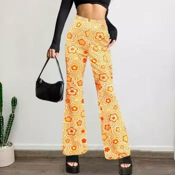 Женские расклешенные брюки с высокой талией, облегающие длинные брюки с цветочным принтом, яркие повседневные брюки для повседневной носки S горячий розовый