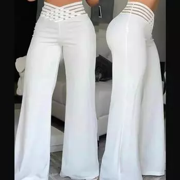 Женские расклешенные брюки, элегантные повседневные брюки с высокой талией для офиса, весна-лето, однотонные, с перекрещивающимися прозрачными сетчатыми вставками, широкие брюки XXXL белый