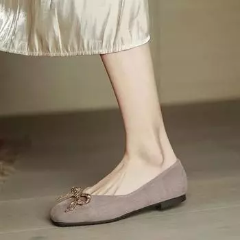 Women Flat Elegant Bling Crystal Bow Fashion Women Flat Ballet Shoes Tie Square Toe Flats Shoes Lady Flat Footware 2025 32 абрикосовый