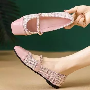 Women Flat pink Shoes Fashion Casual Flat Shoes Plaid Fabric Square Toe Slip On Mary Jane Shoes Outdoor Soft Ballerinas Shoes 35 небесно-голубой