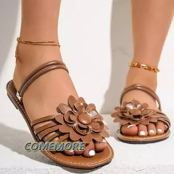 Женские сандалии на плоской подошве 2024 года, цветочная искусственная кожа, римский стиль, высокое качество, летняя обувь с открытым носком, однотонная женская обувь, роскошные тапочки, пляжная обувь 36 коричневый