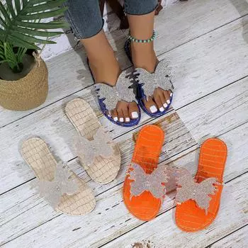 Женские тапочки на плоской подошве 2024 года, новые летние модные удобные сандалии, пляжные бохо-слайды, женские дизайнерские тапочки Crystal Rome для женщин 36 бежевый