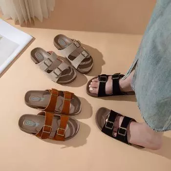 Women Flat Slippers 2024 Summer New Suede Beach Sandals Shallow Casual Comfortable Slippers Lightweight Breathable Slides Women 35 чёрный