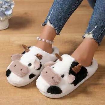 Women Flat Slippers Winter Unisex Cartoon Cow Warm Plush Slippers Couple Indoor Non Slip House Women Toe Wrap Home Cotton Shoes 36-37 чёрный