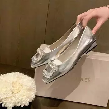 Women Flat Water Diamond Square Head Shallow Mouth Silver Single Shoes Fairy Soft Leather Temperament Commuting Woman Shoe 35 серебряный