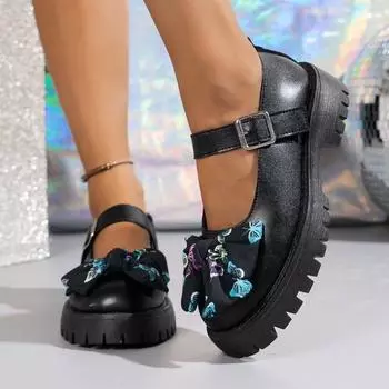 Женские туфли на плоской подошве 2024 года, новые весенне-осенние туфли в стиле Лолиты, туфли больших размеров с принтом на толстом каблуке, роскошные дизайнерские кроссовки для женщин 36 чёрный