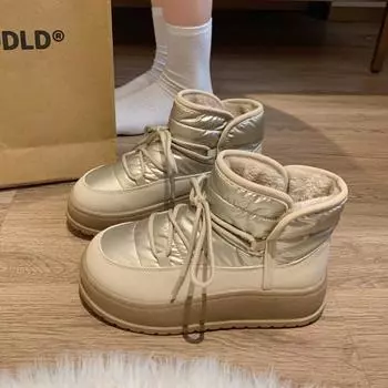 Women Flats Ankle Platform Snow Boots Warm Plush Shoes Brand Casual Sneakers Woman Winter 2025 Trend Cozy Lace Up Botas Mujer 35 бежевый