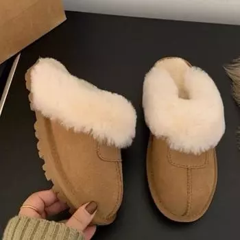Women Flats Fur Slippers Home Cotton Shoes Casual Flip Flops Winter 2025 Trend New Fashion Mules Slingback Cozy Zapatillas Mujer 35 бежевый