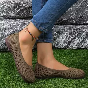 Women Flats Mesh Flat Shoes Spring New Fashion Breathable Knitted Sneakers Breathable Slip on Women Round Toe Lightweight Shoes 35 бежевый