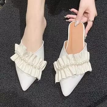 Women Flats Mules Fashion Ruffles Pleats Pearl Sandals Sexy Lace Pointed-toe Pumps Outdoor Slippers Ladies Loafers Casual Shoes 35