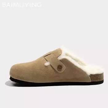 Women Flats Mules Shoes Suede Short Plush Cotton Slippers Designer Winter Casual Shoes 2024 Trend Walking Buckle Zapatillas Lady 35 покинуть белый