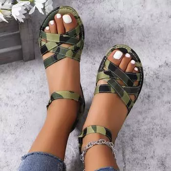 Женские сандалии на плоской подошве 2024 года, новые удобные повседневные женские туфли, роскошные прогулочные новые прогулочные сандалии, летние пляжные сандалии, шлепанцы 36 армия зеленый