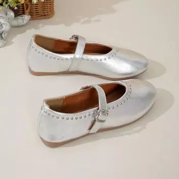 Women Flats Shoes Silvery Rivet Women Mary Jane Shoes Fashion Shallow Round Toe Ladies Loafers Soft Sole Leather Footwear Shoes 35 чёрный