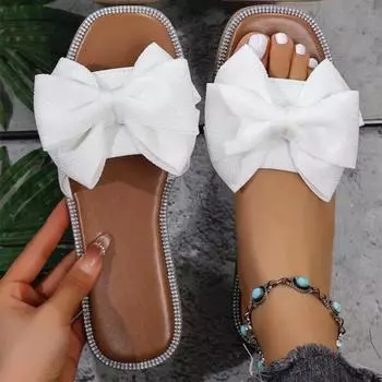 Women Flats Slippers Summer Fashion Bow Tie Sandals Shoes for Women Flat Square Toe Casual Beach Slippers Slides for Women 36 белый
