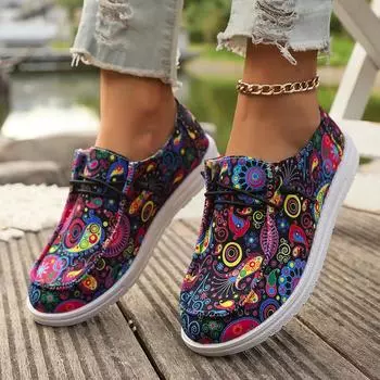 Women Flats Sneakers 2025 Spring Autumn New Women Fashion Canvas Print Flat Shoes Lace Up Woman Outdoor Casual Big Size Sneakers 36