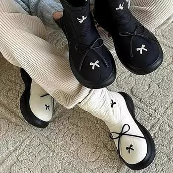 Женские туфли на плоской подошве, дизайнерские ботильоны с бантом, зима 2025 года, новые теплые короткие плюшевые туфли, повседневные, хлопковые, спортивные 35 чёрный