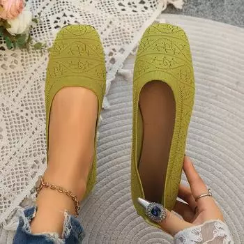Women Flats Spring Autumn Casual Slip-on Loafers Pump Knit Single Flat Shoes Breathable Square Toe Large Size Sneakers Women 36 бежевый