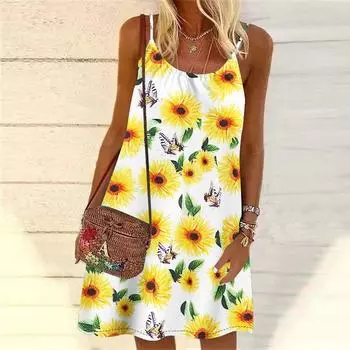 Женское мини-платье с принтом цветочных хризантем, вечернее платье без рукавов, летнее пляжное платье, сарафан XS синий