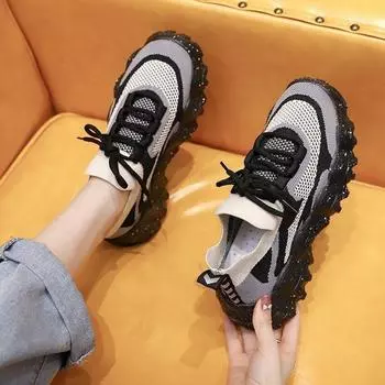 Women Footwear Mesh Breathable Ladies Shoes High On Platform White Lace Up Offers Stylish Casual Light Summer 2024 Spring 36