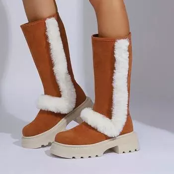 Women Fur Platform Snow Boots Women Mid Calf Push Warm Heels Shoes Winter 2025 New Fashion Casual Square Heel Boots Botas Mujer 36