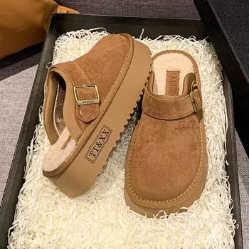 Women Fur Slippers 2024 Winter Cotton Shoes Thick Sole Home Warm Toe Cap Semi Slipper Shoes Indoor Slingback Boots Flip Flops 35 малиновый