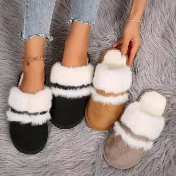 Women Fur Slippers Winter House Non-Slip Casual Slippers Indoor Flat Floor Shoes Ladies Warm Solid Colors Fashion Slides Women 36-37 чёрный