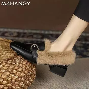 Women Fur Square Toe Cotton Shoes Leather Mid Heels Loafers Shoes Woman 2025 Trend Winter Warm Cozy Dress Snow Boots Zapatillas 35 чёрный