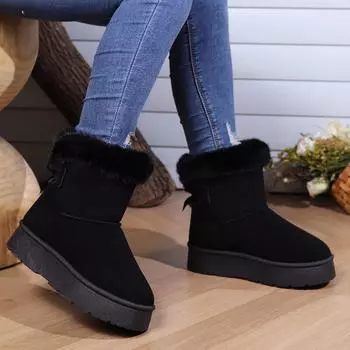 Women Fur Warm Ankle Boots Suede Bow Platform Shoes 2024 Winter New Designer Flats Short Plush Chelsea Snow Boots Femme Botas 36 чёрный
