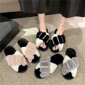 Women Furry Slippers House Autumn Winter Solid Color Non Slip Casual Indoor Flats Bling Shine Rivet Floor Shoes Ladies Flip Flops Warm Shoes 36 чёрный
