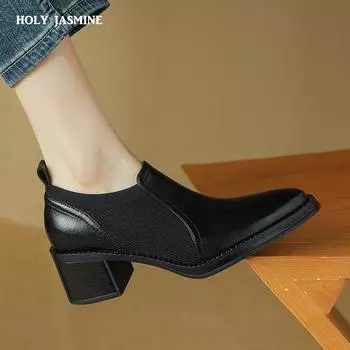 Женские туфли-лодочки из натуральной кожи на толстом каблуке с квадратным носком 2024 года, весна-лето, офисная женская рабочая обувь, женские базовые туфли-лодочки на каблуке для женщин 34 чёрный