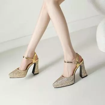Женские блестящие серебряные босоножки на высоком каблуке с блестящими золотыми пайетками, белые, черные, с пряжкой, закрытые босоножки, обувь для вечеринок 34