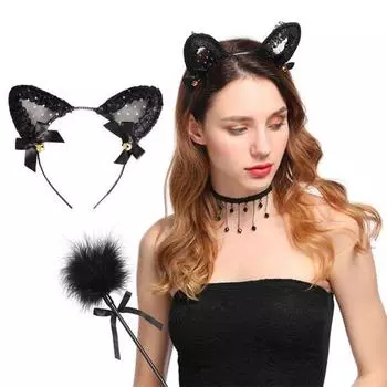 Women Hairband Sexy Cat Rabbit Ears See-through Ruffle Lace Bells Ribbon Bow Hair Accessories Headwear Costume Party Ladies Hair Hoop for Daily чёрный