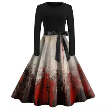 Women Halloween Print Flare Dress Long Sleeve O-Neck Dress Party Casual Dresses XL