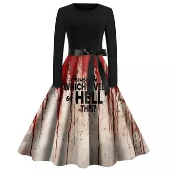 Women Halloween Print Flare Dress Long Sleeve O-Neck Dress Party Casual Dresses M чёрный