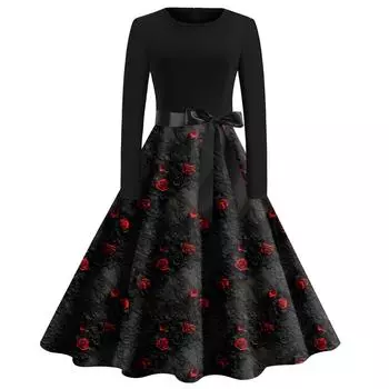 Women Halloween Print Flare Dress Long Sleeve O-Neck Dress Party Casual Dresses XL