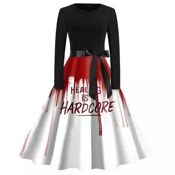 Women Halloween Print Flare Dress Long Sleeve O-Neck Dress Party Casual Dresses XL винный