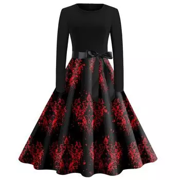 Women Halloween Print Flare Dress Long Sleeve O-Neck Dress Party Casual Dresses S чёрный