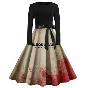 Women Halloween Print Flare Dress Long Sleeve O-Neck Dress Party Casual Dresses XL хаки