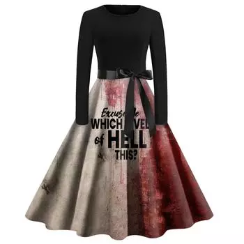 Women Halloween Print Flare Dress Long Sleeve O-Neck Dress Party Casual Dresses S чёрный