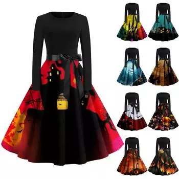 Женское платье с расклешенным принтом на Хэллоуин с длинным рукавом и круглым вырезом, вечерние повседневные платья M оранжевый