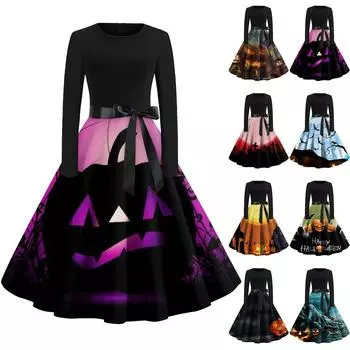 Женское платье с расклешенным принтом на Хэллоуин с длинным рукавом и круглым вырезом, вечерние повседневные платья XXL