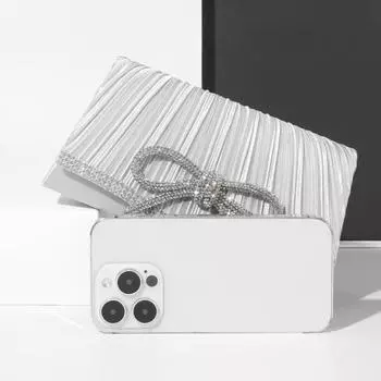 Women Handbag with Detachable Chain Strap Rhinestone Bow Decor Pleated Envelope Shape Magnetic Closure for Phone Lipstick Perfume Storage серебряный