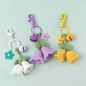 Women Handmade Knitted Cute Bell Orchid Keychain With Bell Handbag Charms Wind Chimes Flower Keyring Bag Pendants Crocheted