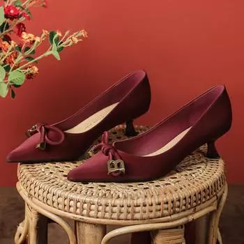 Women Heels 2024 New Spring and Autumn High Heels Female Stiletto Pointed Toe French Retro Bow Single Shoes Female Slender Heel 34 вино красного