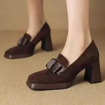 Women High 2025 New Heels Fashion Bow Dress Loafers Female Platform Heels Leather Shoes Mary Jane Retro Women Shoes Solid Color 35 кларет